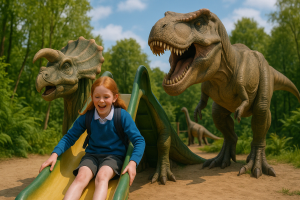 Kind glijdt van een glijbaan tijdens een schoolreisje naar Dinoland